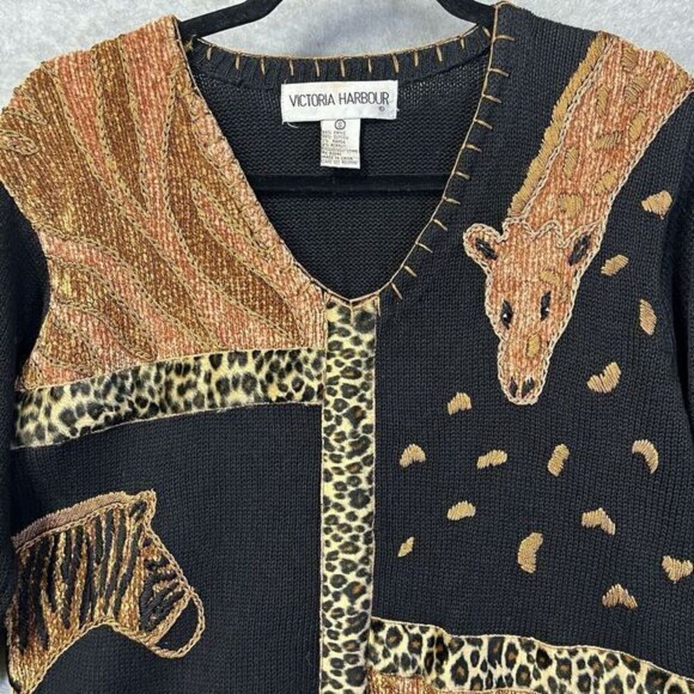 Vintage VICTORIA HARBOUR Safari Cardigan Sweater Animal Print Black Womens Small